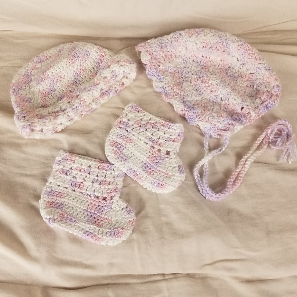 Handmade Crochet Hat Bootie Set Baby OS Pink Purple White New Pastel Knit